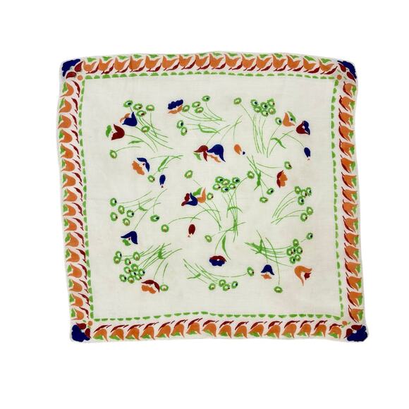 Vintage Accessories - Vintage 1940s Cotton Tulip Print Handkerchief Orange Blue Rust Red Border